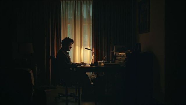Backlit man working late at home desk with laptop, lamp and papers, moody solitude