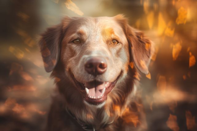 Golden Retriever dog smiling and looking at camera in golden autumn light. Ideal for use in promotional content for pet-related products, nature and outdoor activity promotions, and to evoke themes of happiness and well-being.