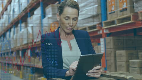 Businesswoman Using Tablet with Data Analytics in Warehouse