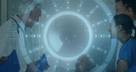 Medical team aligning patient inside ct scanner with futuristic hud interface overlay