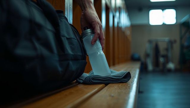 Placing sports water bottle on towel on locker room bench next to gym bag, backlit mood