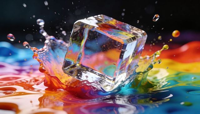 Crystal ice cube splashing into rainbow liquid creating vivid iridescent prism refractions
