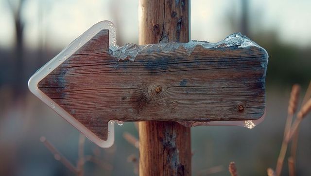 Rustic Wooden Arrow Sign Covered in Frost Pointing Left Outdoors
