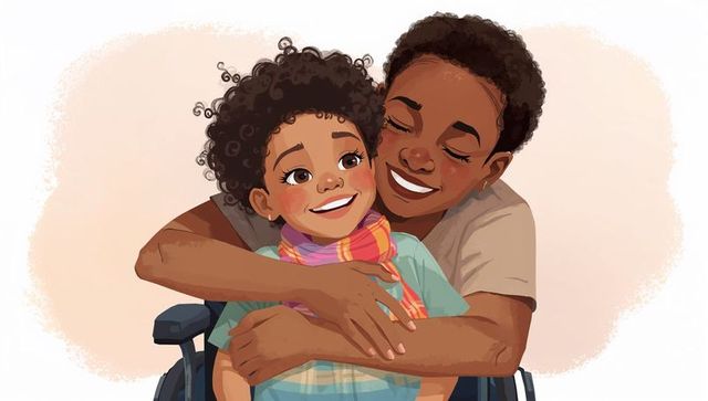 Black caregiver hugging joyful child in wheelchair, celebrating family bond, inclusive care
