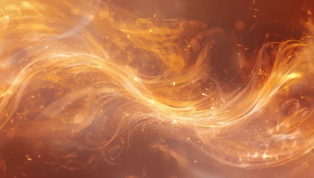 Amber energy ribbon flowing across abstract space with glowing sparks smoky wisps