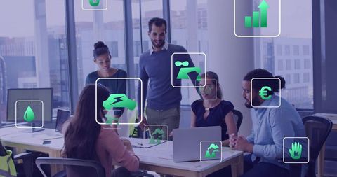Business Team Collaborating on Sustainable Strategy with Data and Eco Icons in Modern Office