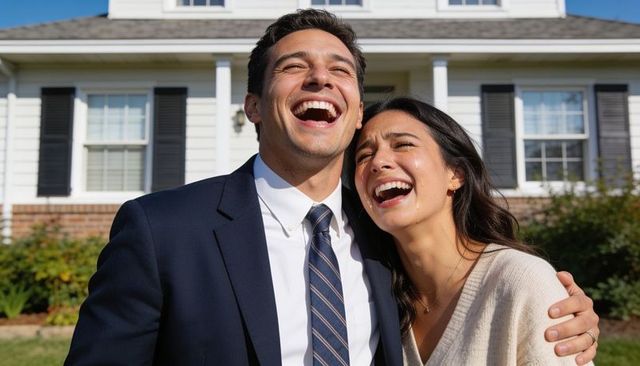 Young couple laughing with tears of joy embracing in front of suburban house celebrating homeownersh