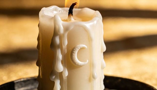 Burning cream pillar candle with crescent moon and dripping wax in warm golden glow