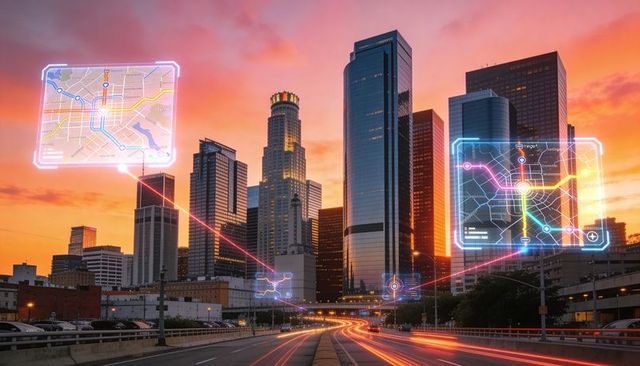 Futuristic city skyline with ar transit overlays and neon light trails at sunset
