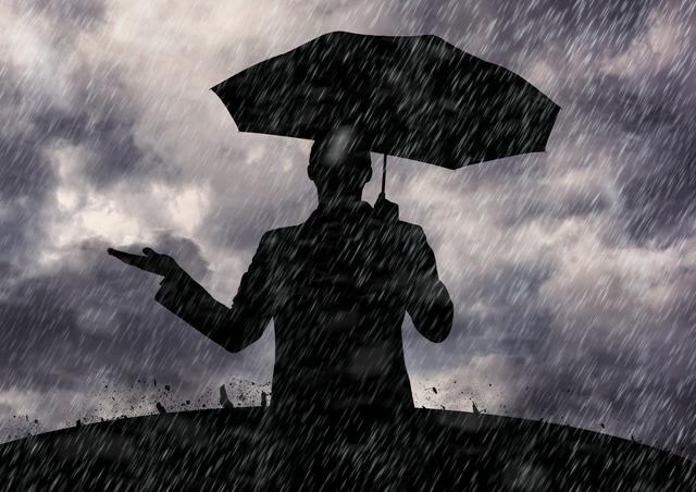 Digital composition of man holding umbrella standing in the rain against storm clouds