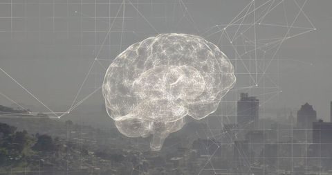 Holographic brain projection glowing over hazy urban skyline with neural network data overlay