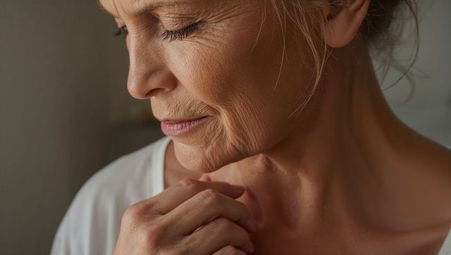 Close-up serene senior woman touching chest wearing white top soft warm natural light