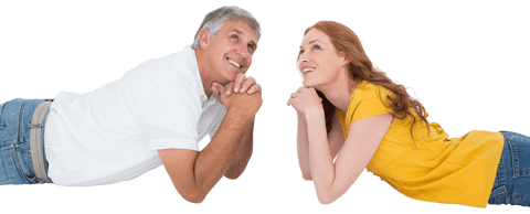 Happy Couple Relaxing on Transparent Floor in Casual Attire