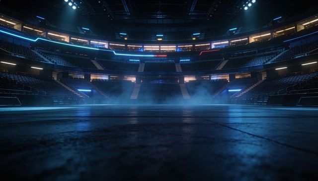 Glowing arena floor reflecting blue leds with fog and dramatic spotlights