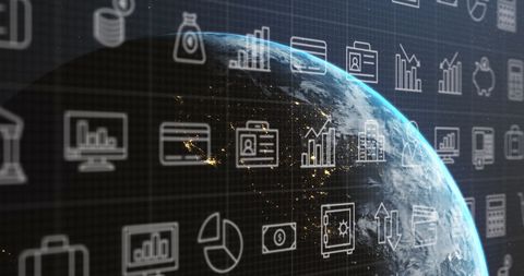 Digital world of technology icons overlaying earth globe