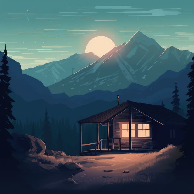 Cozy cabin illuminated at sunset nestled in a tranquil, mountainous landscape. Ideal for depicting serenity, retreat properties, escape into nature, relaxation, adventure, or scenic beauty.