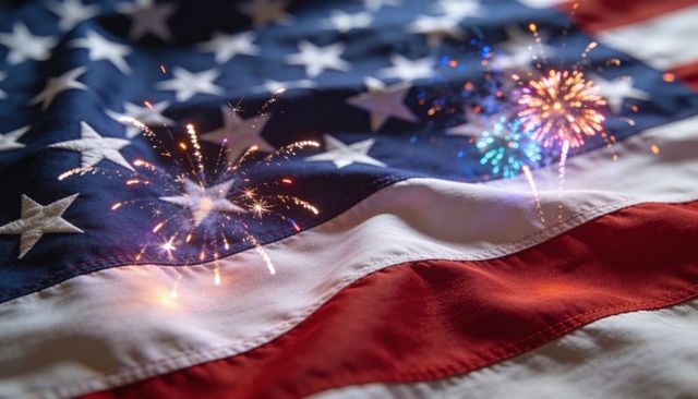 Waving american flag with fireworks sparks celebrating independence day