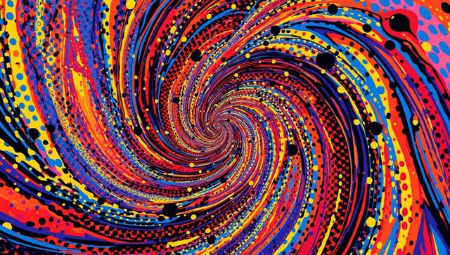 Vibrant swirling paint vortex with dotted brushstrokes and dynamic color spiral background