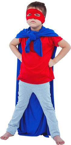Confident child performing as superhero in red cape on transparent background