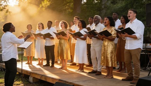 Multigenerational choir singing outdoors on wooden stage at golden hour for concert promotion