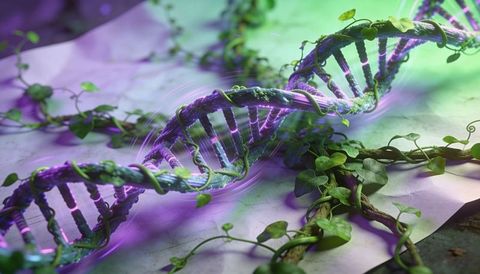 Glowing purple dna helix entwining green vines with heart-shaped leaves, bioluminescent concept