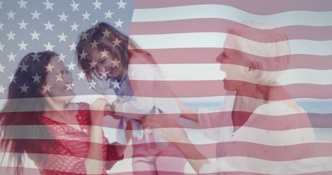 Family Fun at Beach with American Flag Overlay Exuding Patriotism