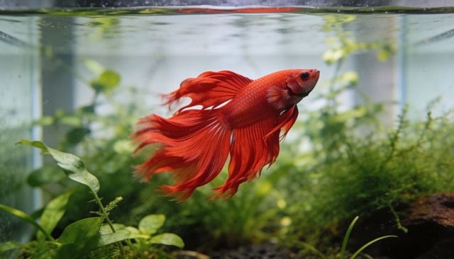 Vibrant red betta gliding through planted aquarium with flowing fringed fins and moss