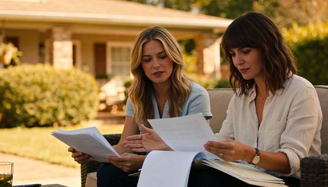 Two women reviewing paperwork on sunlit suburban porch sofa with binder and folders