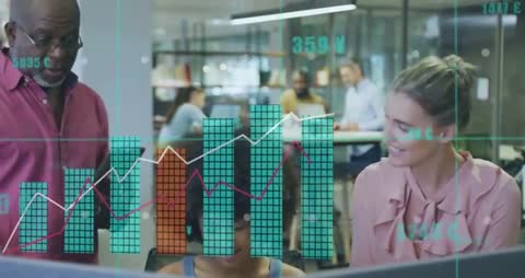 Colleagues Collaborating in Modern Financial Office with Interactive Data