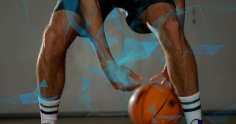 Athlete Dribbling Basketball with Futuristic Overlays