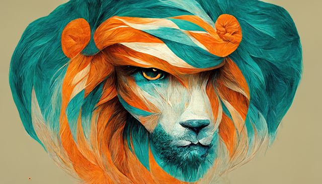 Art featuring a lion with a mane in vivid orange and teal tones, showing abstract patterns and artistic technique. Use for bold decoration, creative projects, expressive designs, or digital artwork inspiration.