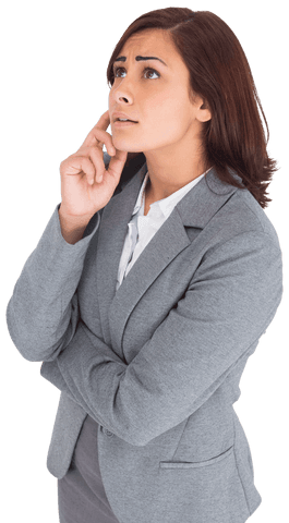 Hopeful hispanic businesswoman looking up on transparent background
