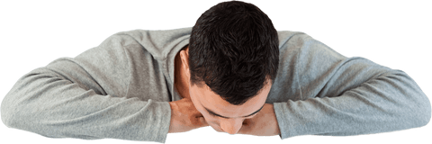 Transparent Man Leaning on Arms with Head Down