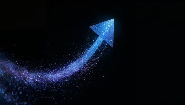 Iridescent arrow rising through cosmic neon trail representing upward momentum and growth