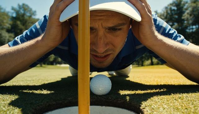 Golfer lining up critical putt eyes-level ball-to-hole alignment with flagstick