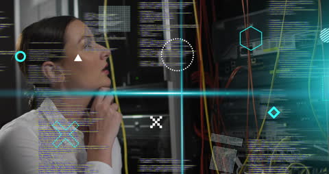 Woman Analyzing Data Connections in Server Room with Digital Interface