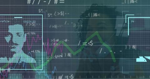 Abstract Digital Interface with Human Portraits and Economic Graphs