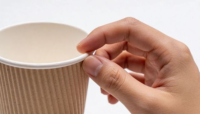 Close-up of hand pinching ribbed paper cup rim, natural skin tone holding disposable cup