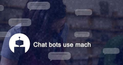 Leaning woman wearing mask peering in cafe with robot logo and chatbot speech bubbles