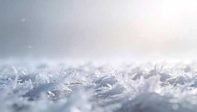 Sparkling frost crystal landscape glinting on frozen surface under soft morning light