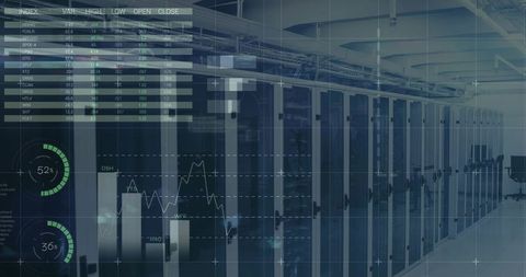 Futuristic Data Center Aisle with HUD Overlays, Server Cabinets and Real-Time Analytics