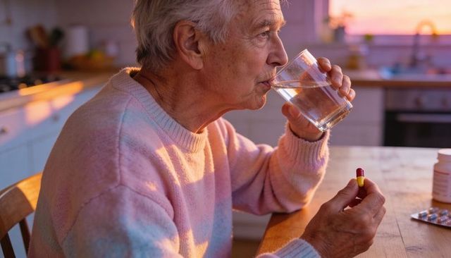 Elderly man taking capsule while sipping water at cozy kitchen table during sunset