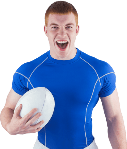 Dynamic Portrait of Excited Rugby Player Holding Ball on Transparent Background