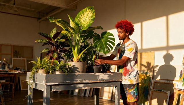 Artist arranging potted plants in sunlit studio with paint-splattered canvases