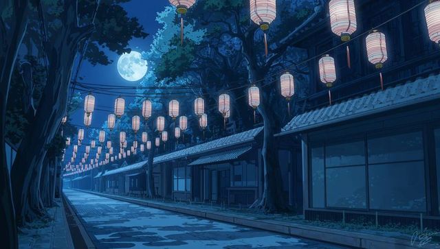 Asian Village Night Scene with Lanterns and Full Moon