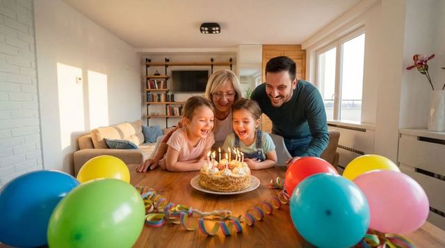 Smiling multigenerational family celebrating birthday at home, kids blowing candles on cake