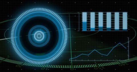 Futuristic HUD Interface Displaying Holographic Radial Target with Bar and Line Analytics