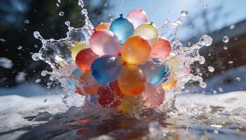 Sunlit water balloons bursting into colorful crown splash with sparkling droplets