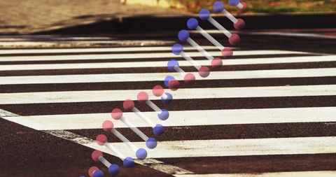 Floating DNA Helix Over Urban Crosswalk Merging Science and City Life