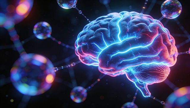 Neon pulsing brain hovering in futuristic neural network linking to glowing nodes